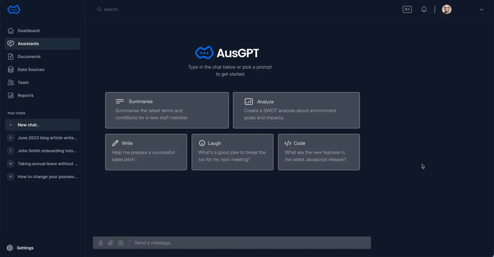 AusGPT chat workspace with prompt suggestions, assistants, documents and data sources
