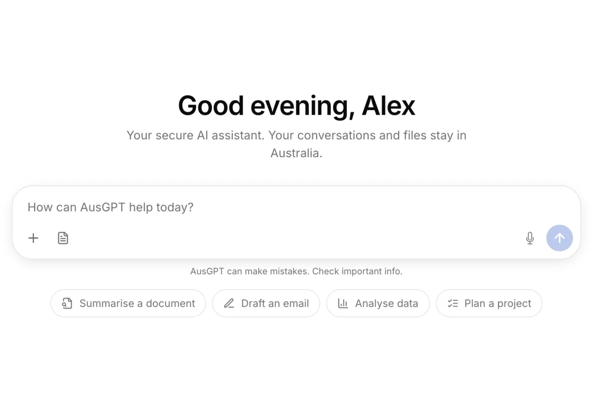 A new AusGPT chat saying your conversations and files stay in Australia, with suggestions to summarise a document, draft an email, analyse data or plan a project