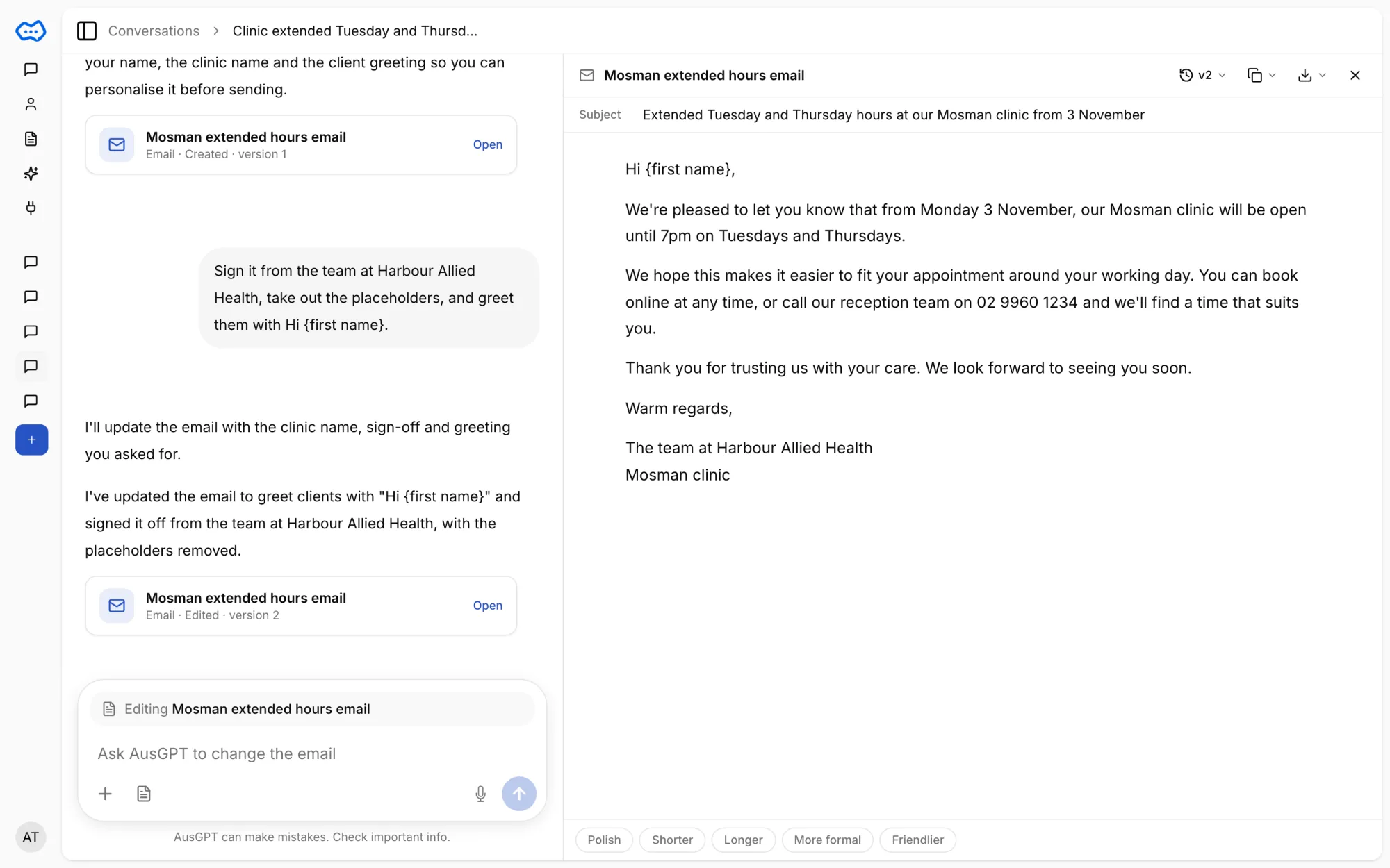 An email about extended clinic hours open in the AusGPT canvas beside the chat, at version 2, with Polish, Shorter, Longer, More formal and Friendlier buttons