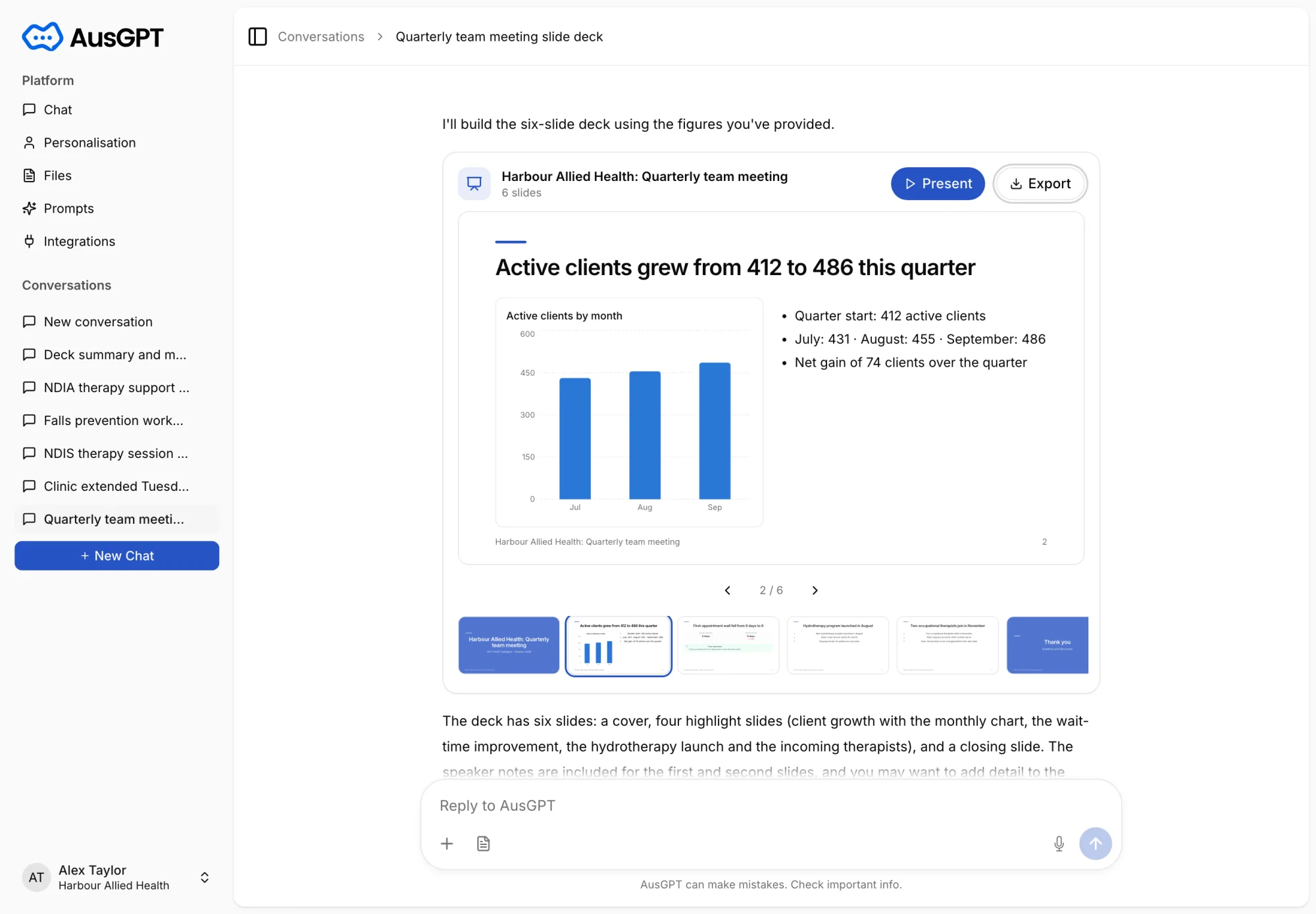 AusGPT chat with a six-slide quarterly meeting deck, showing a bar chart of active clients by month and thumbnails of every slide