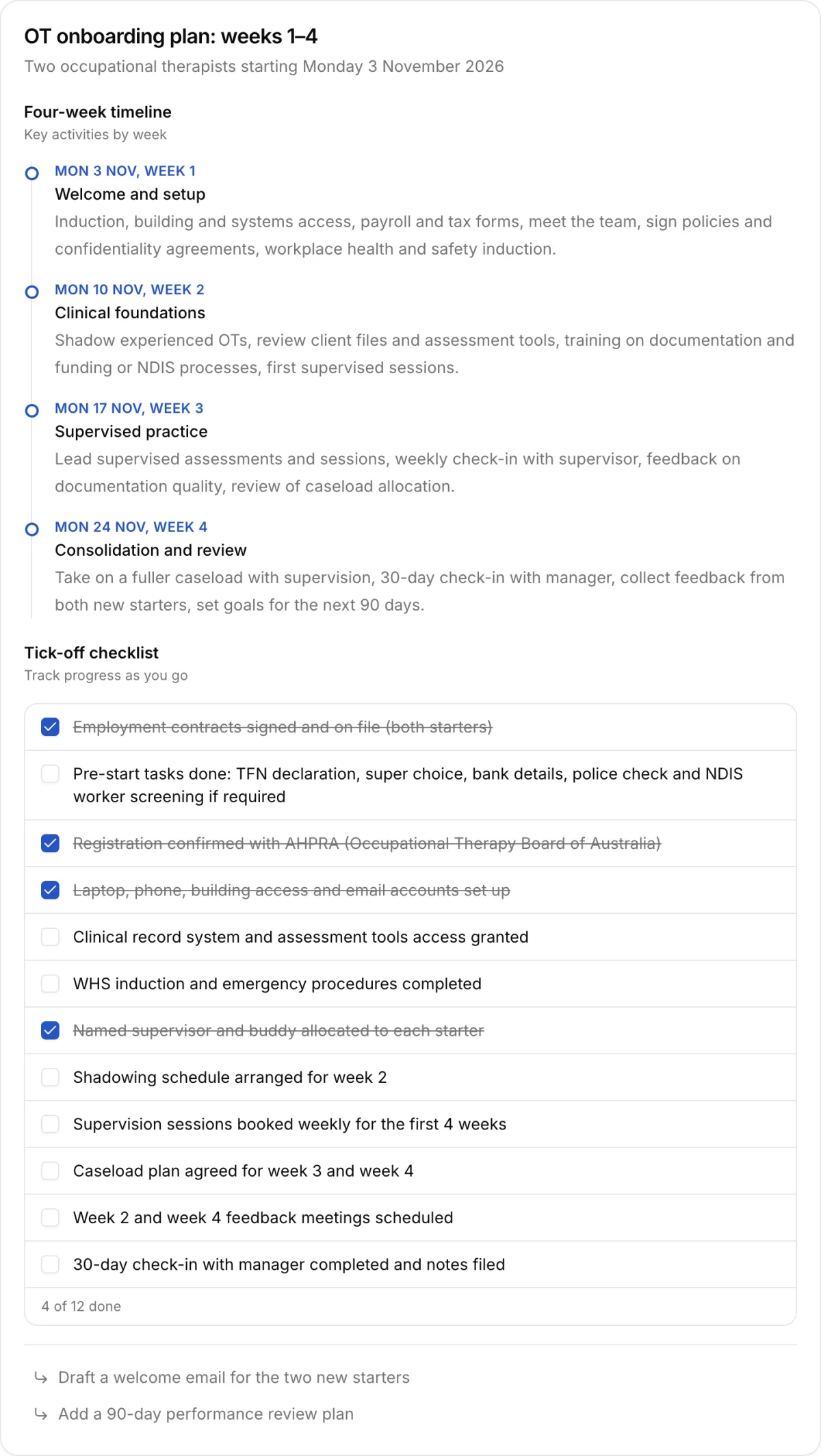 A four-week onboarding plan for two new occupational therapists, with a timeline and a checklist showing 4 of 12 items done