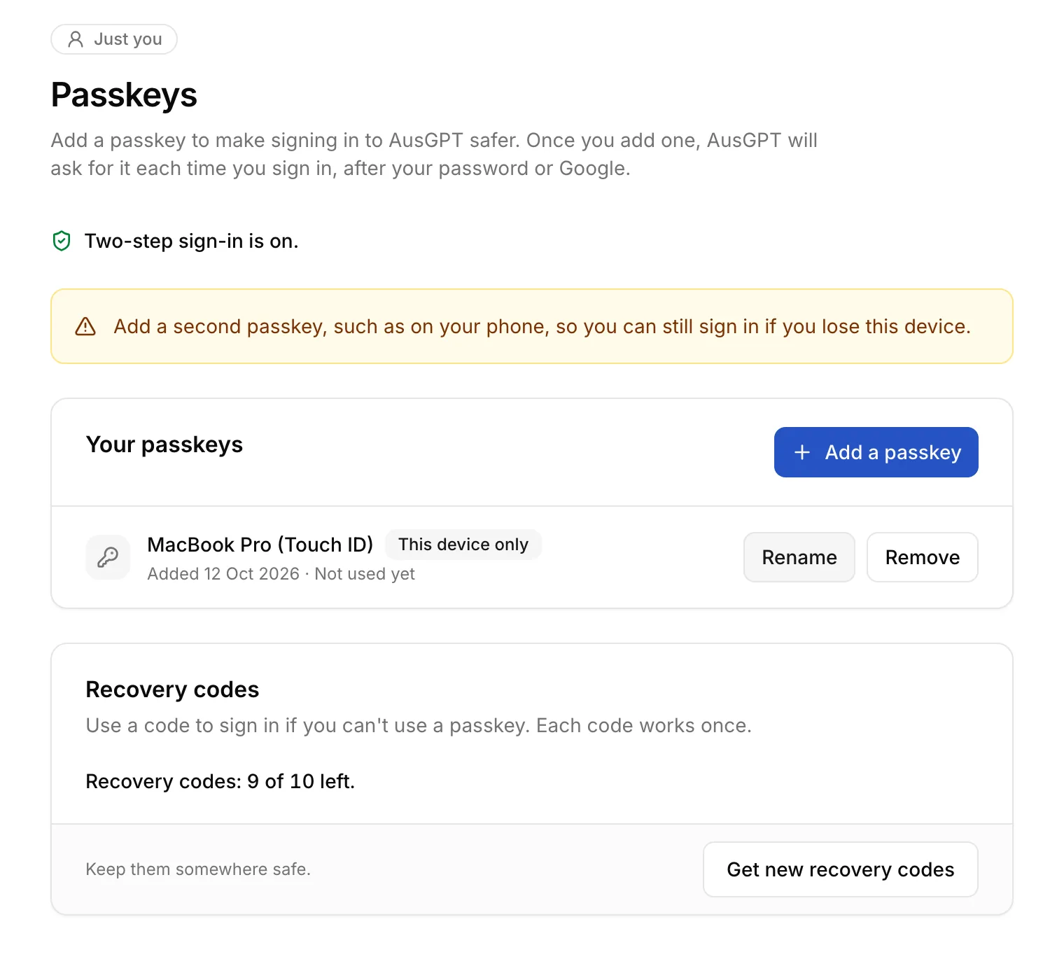 AusGPT passkey settings with two-step sign-in on and a MacBook Touch ID passkey listed