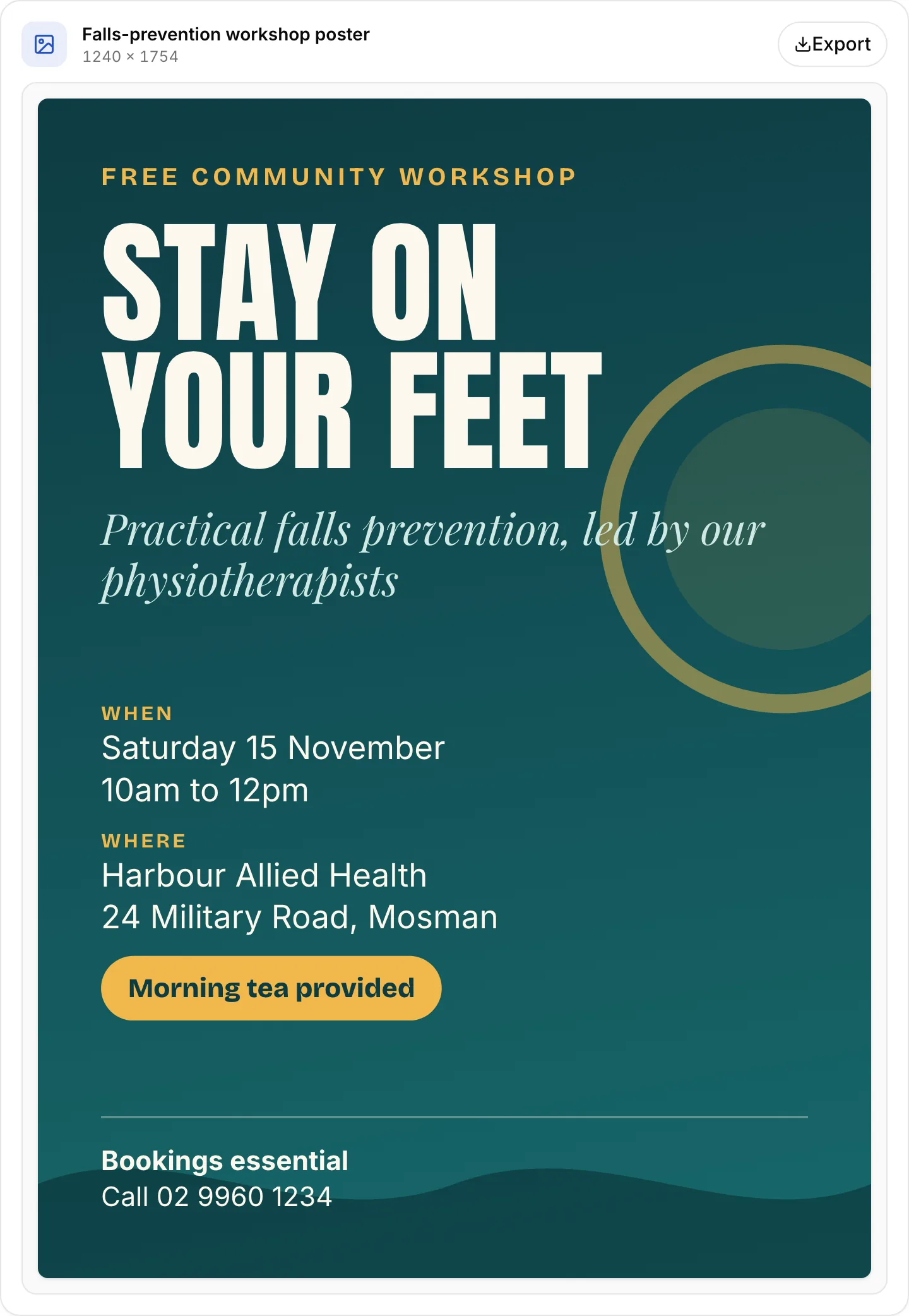 A teal and gold poster for a free falls-prevention workshop, designed by AusGPT in the chat